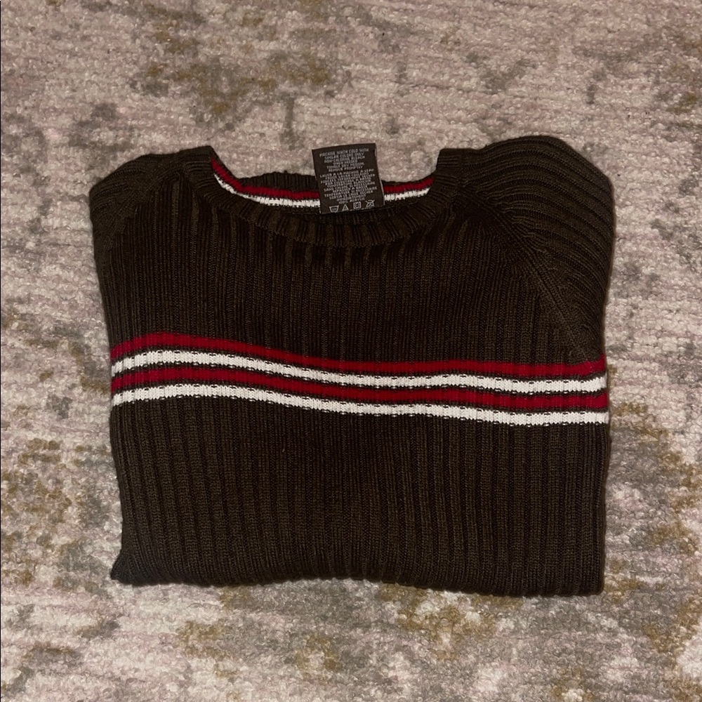 Elegant Brown Crewneck Sweater with Red and White Stripes